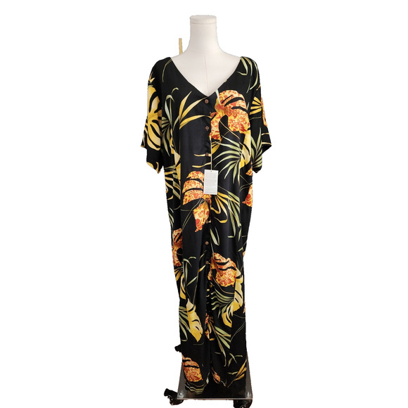 hawaiian moon Dresses & Skirts - VINTAGE Hawaiian Moon Muumuu 4XL Tropical Palm Button front Maxi Dress 55"L